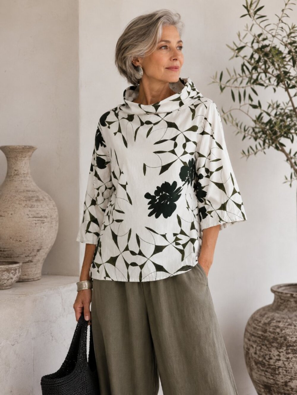 Bryn Walker Etta Fiori Cotton Top White Green Funnel Neck Artsy Lagenlook XS